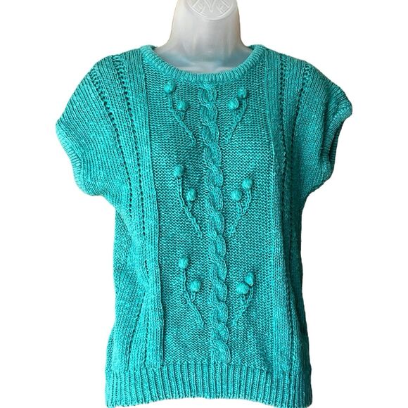 Vtg 80s KORET Turquoise Short Sleeve Pom Pom Cableknit Sweater Sz M Preppy Mom - Picture 13 of 15
